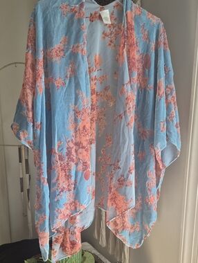 Floral Kimono Cardigan - Blue and Pink CHERRY blossons